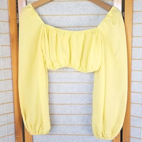 KOURT Revolve Enza Yellow Off Shoulder Puff Long Sleeve Crop Top Small - Picture 1 of 8